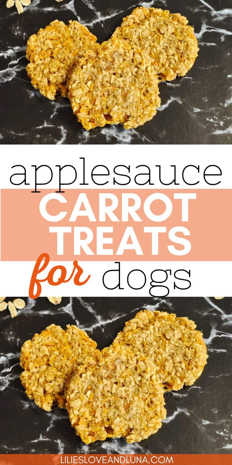 A variety of homemade applesauce and carrot dog treats are displayed on a marble surface, with text indicating they are "applesauce carrot treats for dogs."