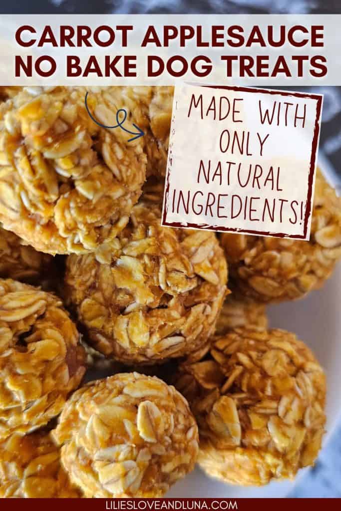 A close-up of homemade no-bake dog treats made with carrots and applesauce, featuring a round shape and a textured surface from oats and other natural ingredients.