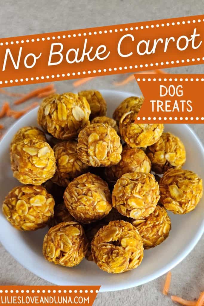 A bowl of no-bake carrot dog treats, shaped into small balls, is displayed on a surface with scattered carrot shavings nearby.