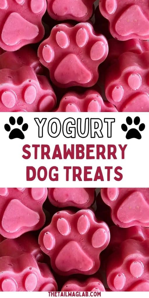 Paw shaped frozen dog treats with a text overlay that reads "yogurt strawberry dog treats."