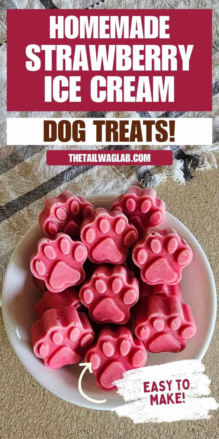 Dog-friendly strawberry ice cream treats shaped like paw prints in a bowl.