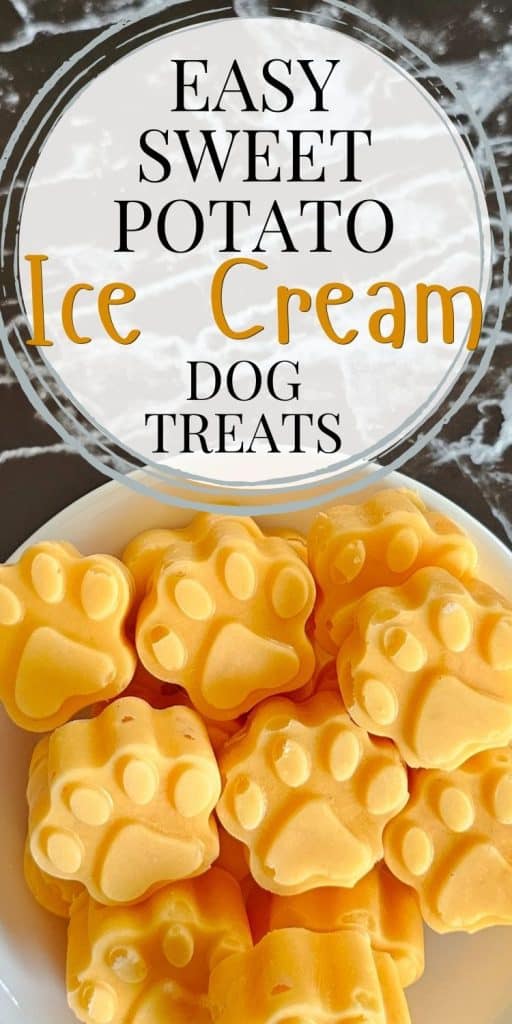 A bowl filled with paw-shaped frozen sweet potato dog ice cream treats, highlighting a simple recipe for homemade dog-friendly desserts.