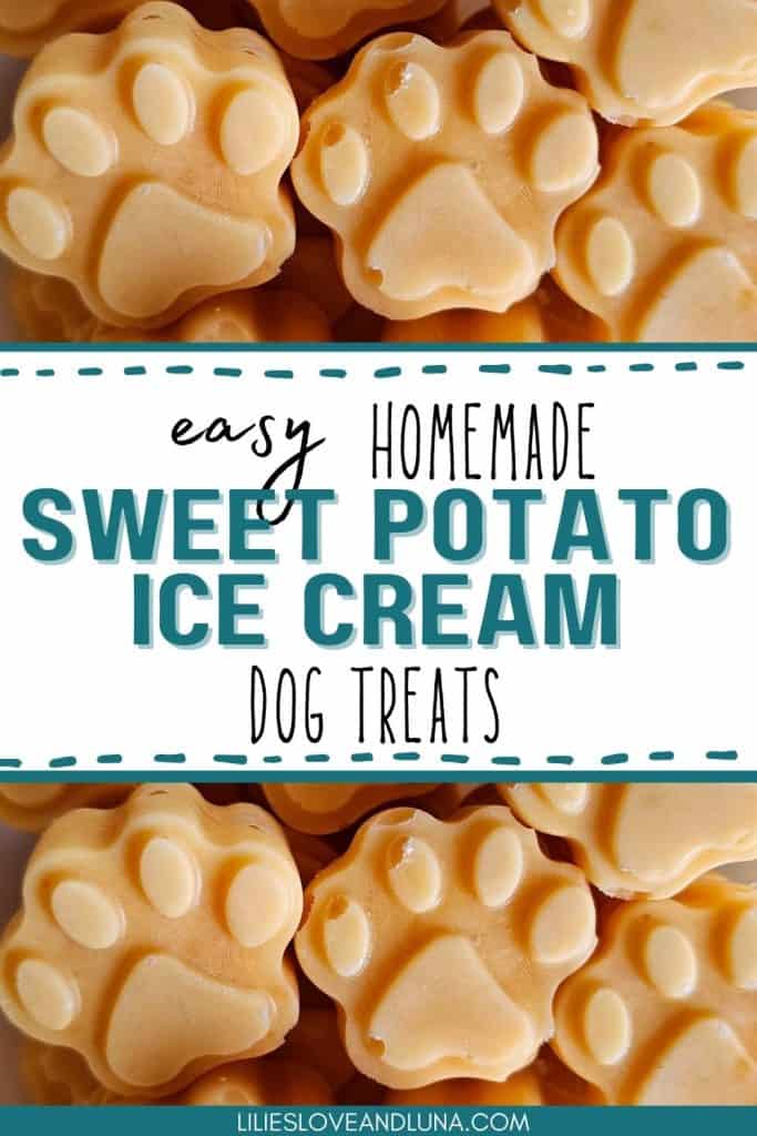A close-up image of paw-shaped frozen dog treats made from sweet potato, labeled as "easy homemade sweet potato ice cream dog treats."