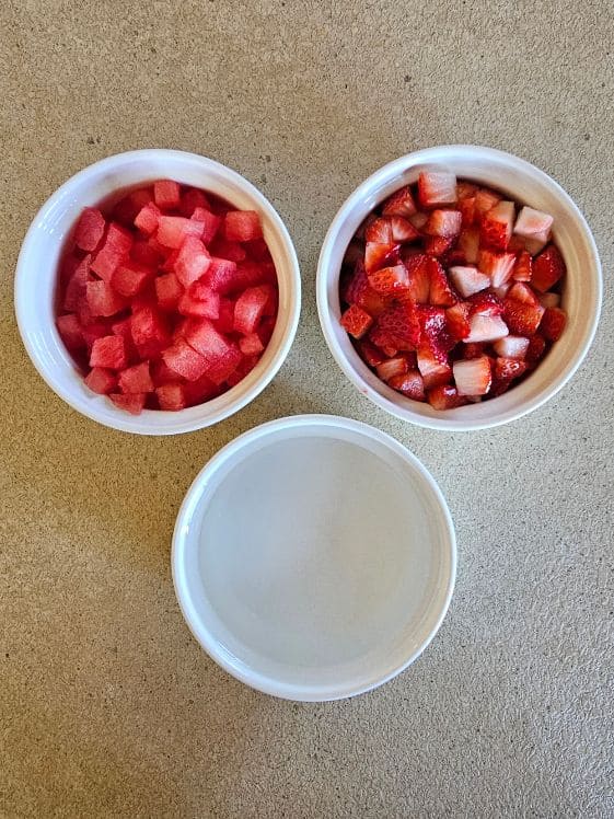 Watermelon, strawberries, and water in individual white bowls.