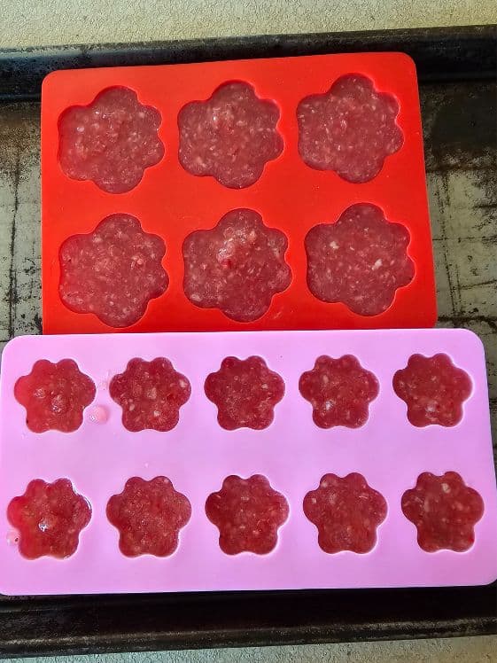 Strawberry watermelon puree in paw shaped molds ready for the freezer.