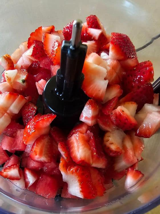 Strawberries, watermelon, and blueberries in a food processor.