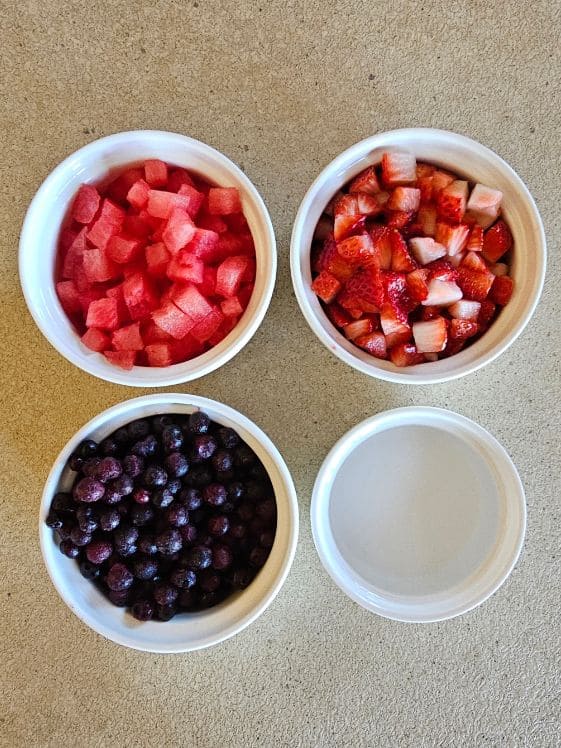 Watermelon, strawberries, blueberries, and water in individual white bowls.