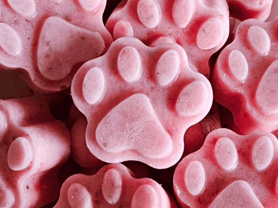Close up of paw shaped strawberry watermelon ice cream for dogs.