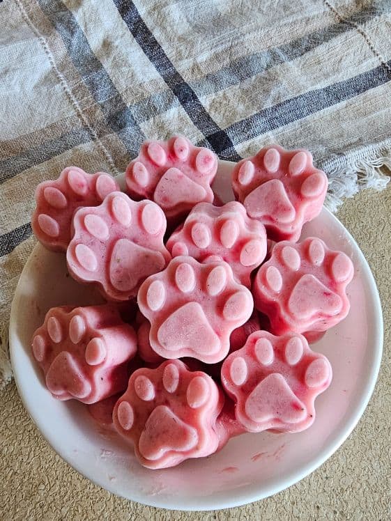Paw shaped strawberry watermelon ice cream dog treats in a bowl by a towel on the counter.