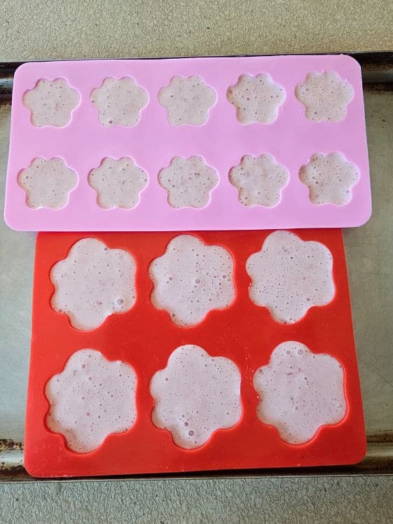 Paw shaped molds filled with strawberry watermelon yogurt mixture.