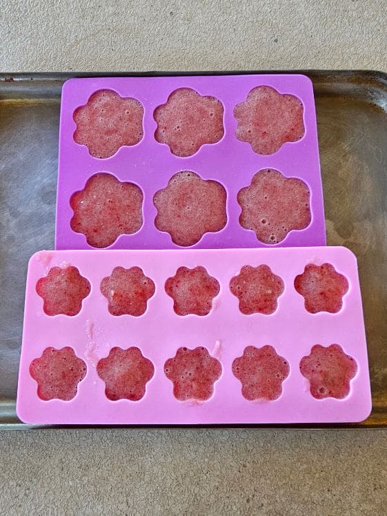 Paw shaped molds filled with watermelon, strawberries, and banana puree.