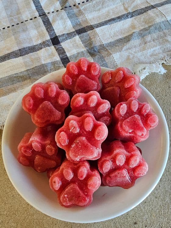Paw shaped banana melon berry pawsicles in a white bowl next to a towel.