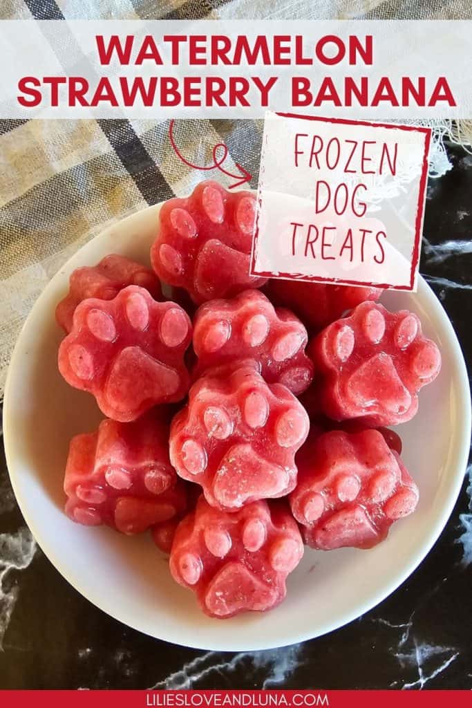 A bowl of frozen paw-shaped dog treats made from watermelon, strawberries, and banana is displayed on a marble surface.