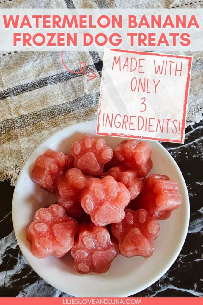 A white plate filled with frozen paw-shaped dog treats made from watermelon and banana is displayed on a checkered cloth, accompanied by a label stating they are made with only three ingredients.