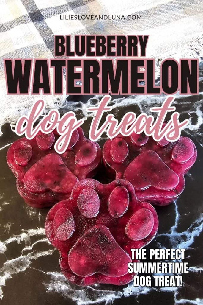 A close-up of paw-shaped, frozen blueberry watermelon dog treats on a dark surface.