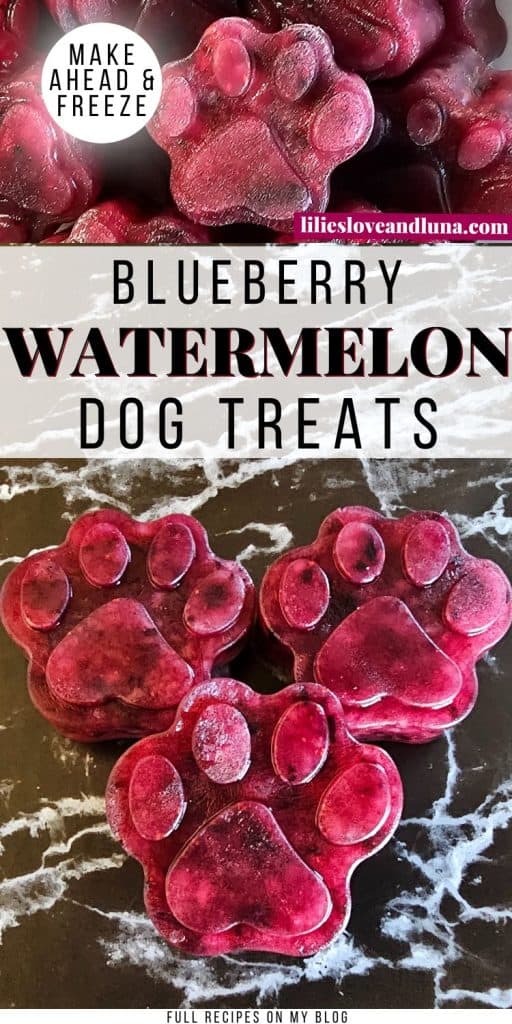 A close-up of paw-shaped frozen dog treats made with blueberry and watermelon, positioned on a dark marble surface, with text highlighting "Blueberry Watermelon Dog Treats."