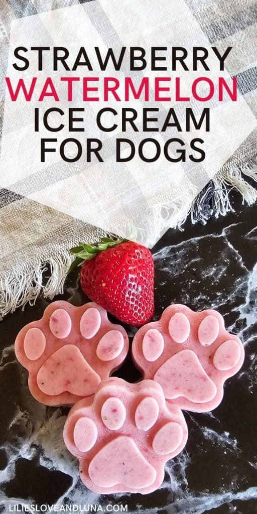 A close-up of homemade strawberry watermelon ice cream for dogs, shaped like paw prints, is displayed next to a fresh strawberry on a textured surface.