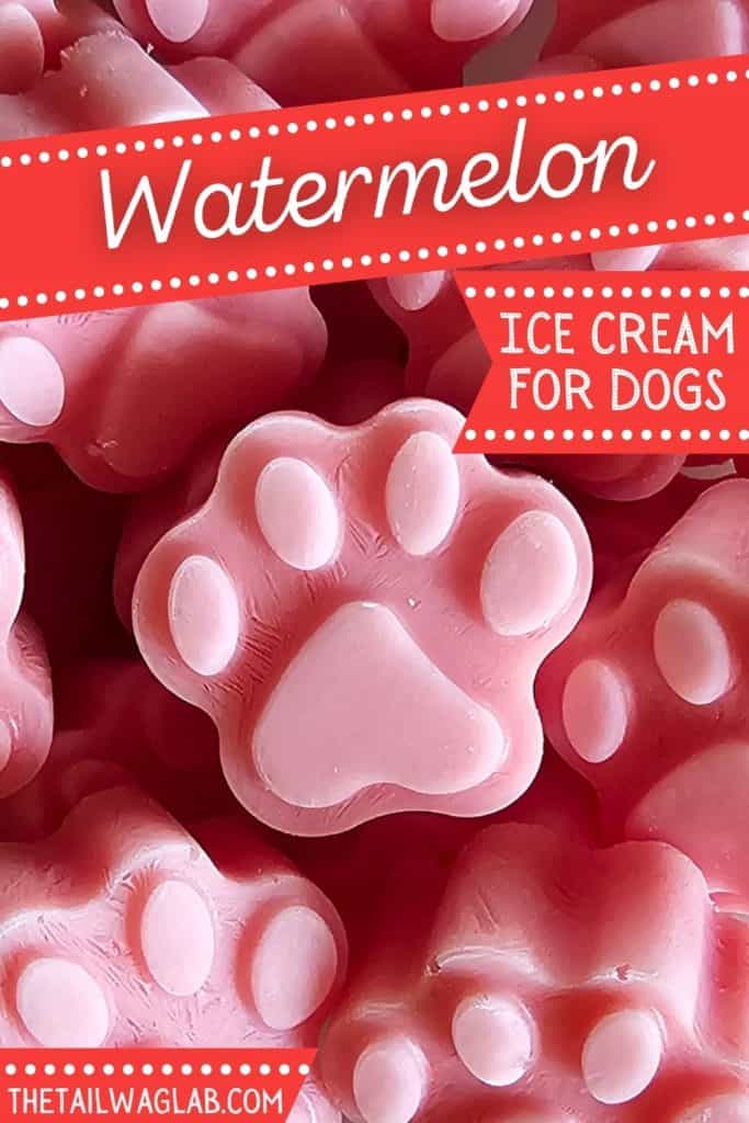 Close-up photo of pink paw-shaped frozen dog treats with text reading "Watermelon Ice Cream for Dogs."