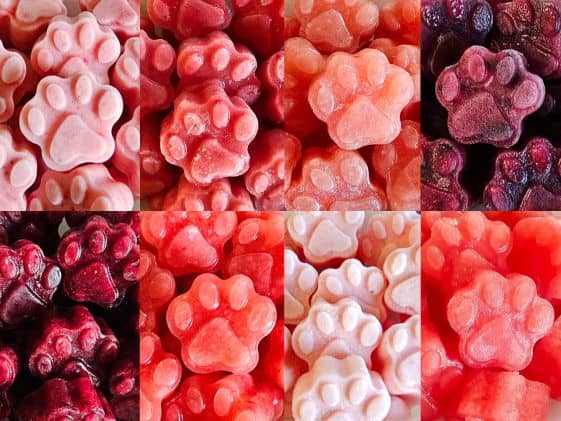 A collage of paw shaped frozen watermelon dog treats.