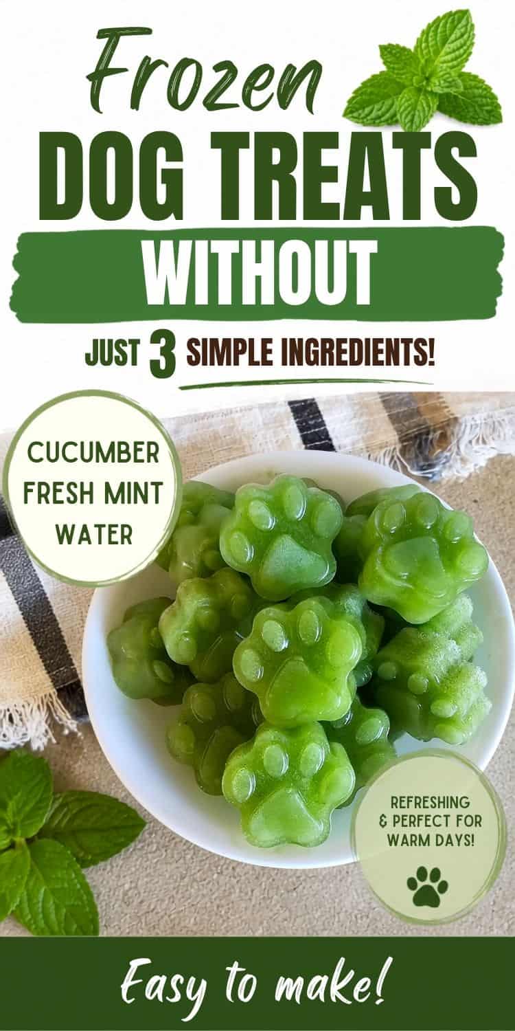 Bowl of green paw-shaped frozen dog treats with cucumber, fresh mint, and water listed beside the photo. Text reads “Frozen Dog Treats” and “Just 3 Simple Ingredients.”