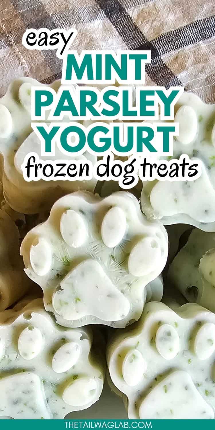A close up of paw shaped frozen dog treats with a text overlay that reads "easy mint parsley yogurt frozen dog treats."