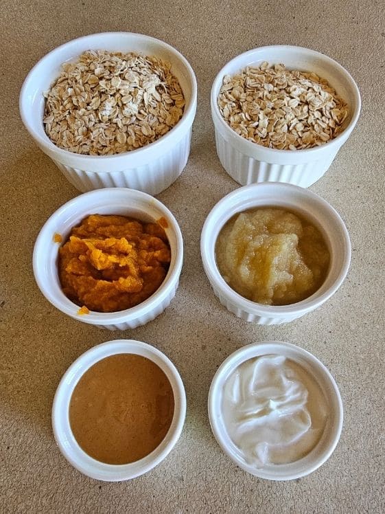 Old fashioned oats, pumpkin puree, applesauce, peanut butter, and Greek yogurt in individual white bowls.