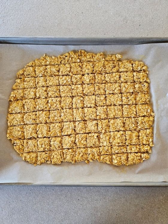 No-bake apple pumpkin bites pressed on a cookie sheet.