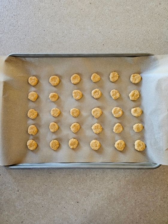 Sweet potato pumpkin dog treats on a baking sheet ready to go in the oven.