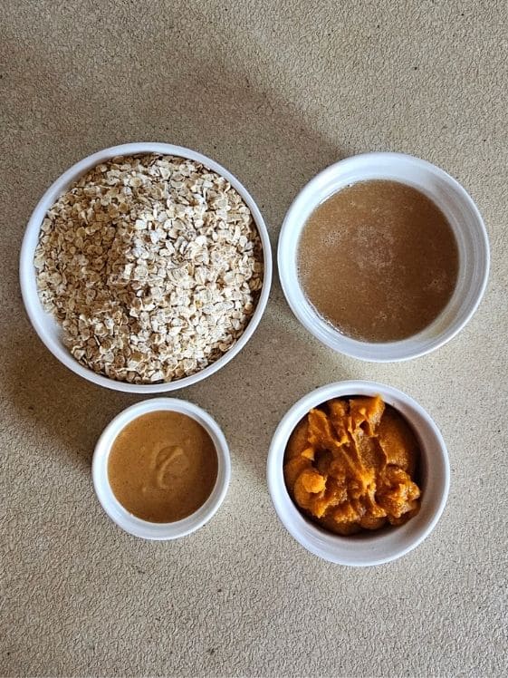 Oats, applesauce, peanut butter, and pumpkin puree in individual white bowls.