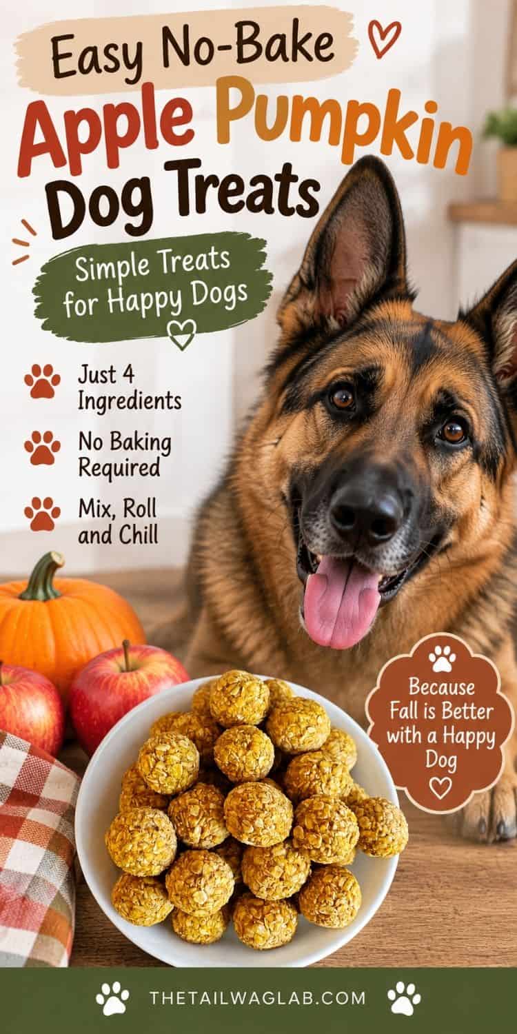 German Shepherd beside a bowl of apple pumpkin dog treats with apples and a pumpkin. Text highlights four ingredients, no baking, and “Mix, Roll and Chill.”