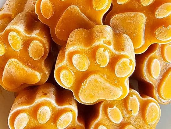 Close up of paw shaped frozen banana pumpkin dog treats.