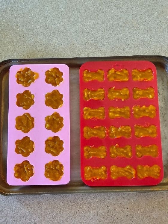 Paw and bone shaped silicone molds filled with pumpkin banana mixture.