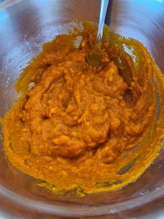 Pumpkin puree and mashed banana mixed together.