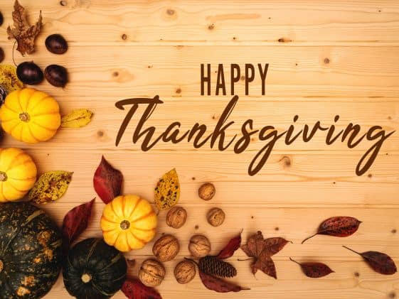 Happy Thanksgiving image with pumpkins, autumn leaves, walnuts, and rustic wood background.
