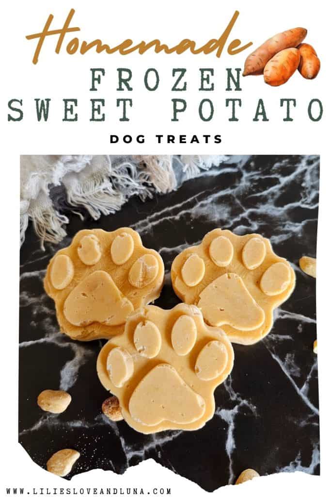 A close-up view of homemade frozen sweet potato dog treats shaped like paw prints, displayed on a black marble surface with a few peanuts scattered around.