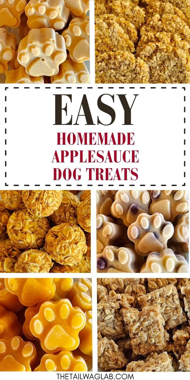 A collection of homemade apple dog treats displayed in various shapes and textures, including paw prints and oatmeal-based snacks, showcasing simple recipes suitable for dogs.