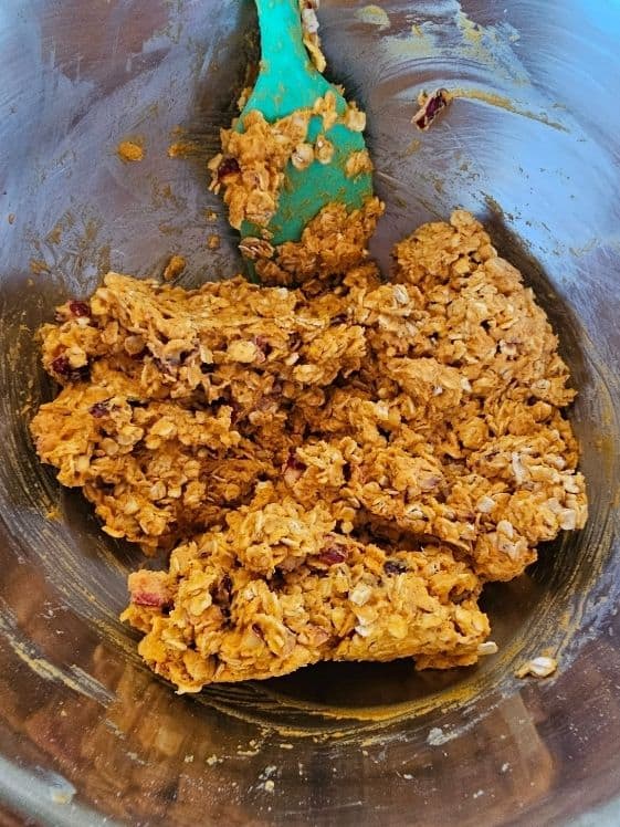 Pumpkin, peanut butter, cranberries, and oats mixed together.