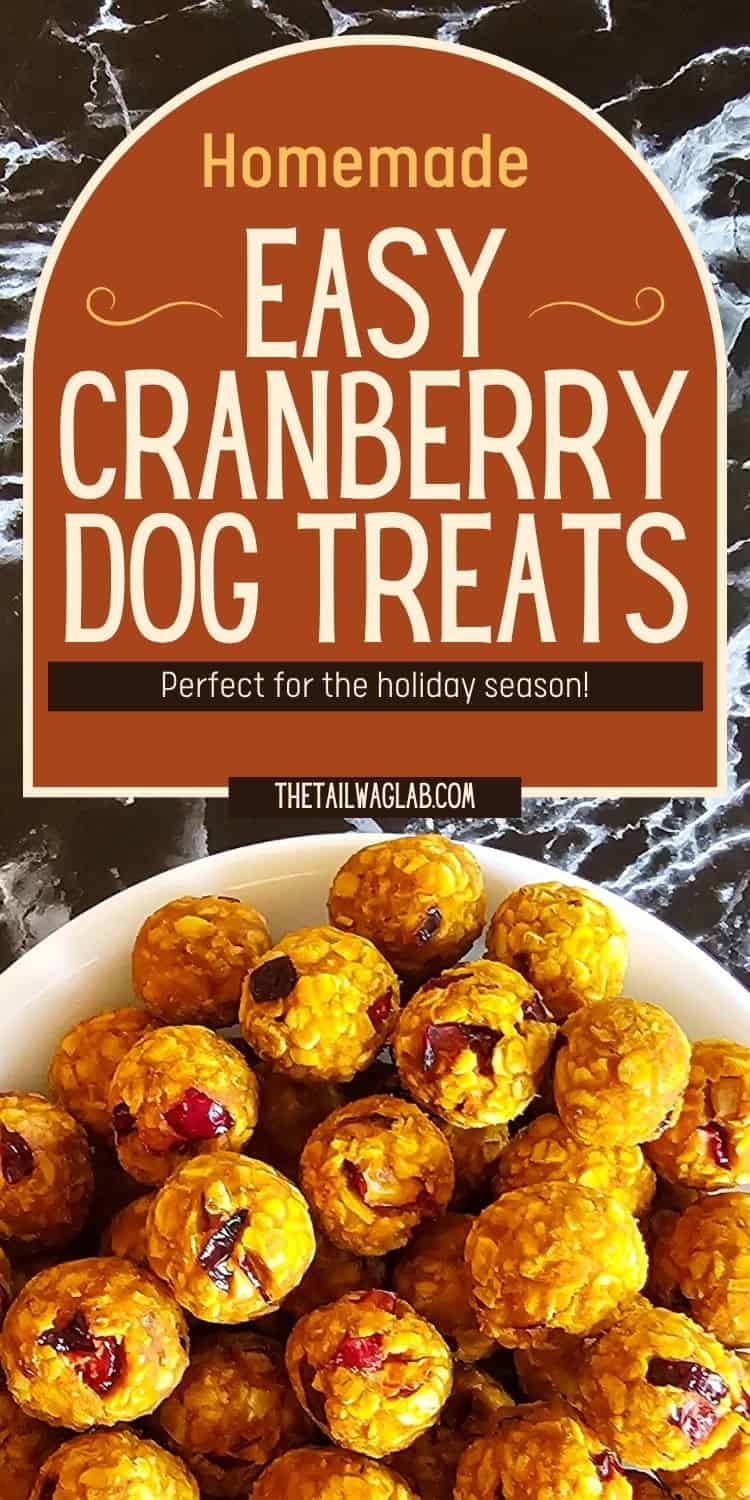 A bowl of homemade cranberry dog treats sits on a countertop, accompanied by a text overlay highlighting their ease of preparation and suitability for the holiday season.
