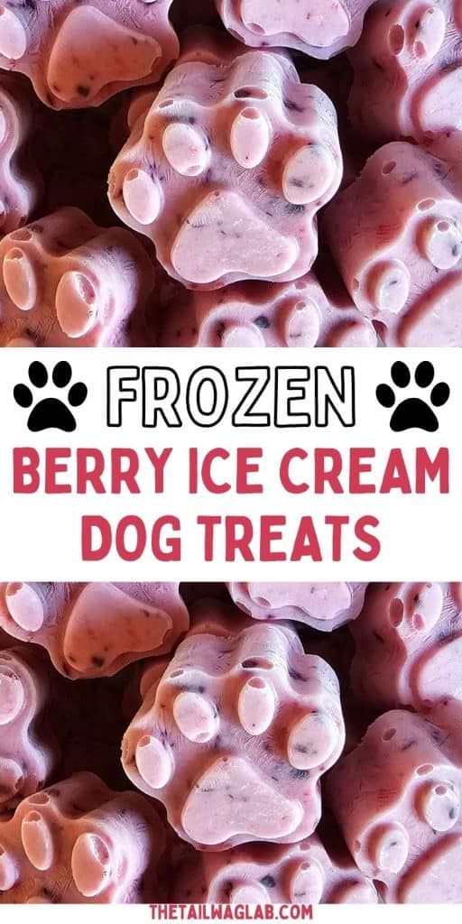 A close-up of frozen berry ice cream dog treats shaped like paw prints, displayed in a clustered arrangement.