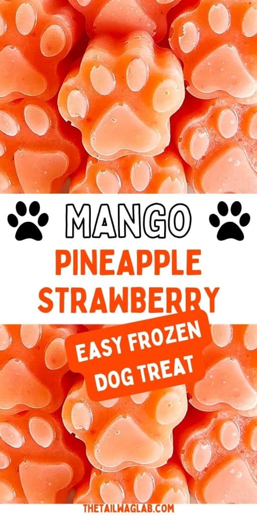 Paw shaped dog treats with a text overlay that reads "mango pineapple strawberry easy frozen dog treat."