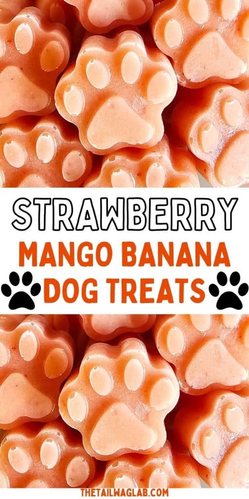 A close-up of paw-shaped frozen dog treats in shades of orange, labeled as "Strawberry Mango Banana Dog Treats."