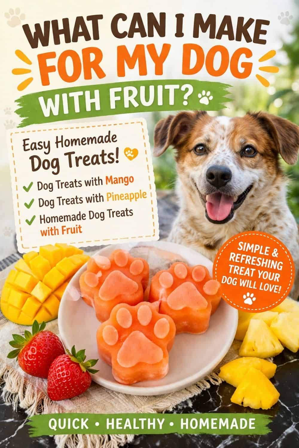 Dog treats with mango, pineapple, and strawberries for homemade dog snacks.