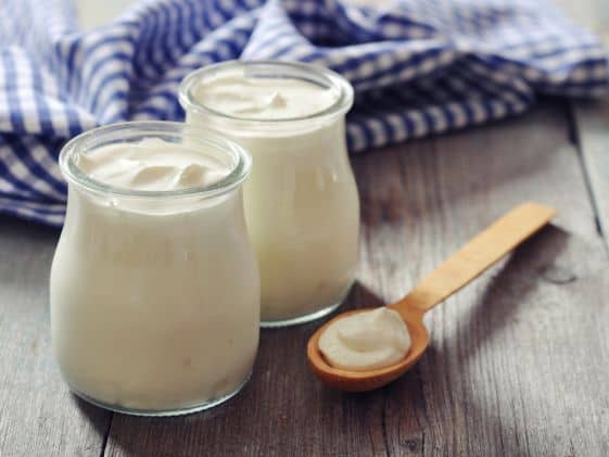 Greek yogurt in glass jars.