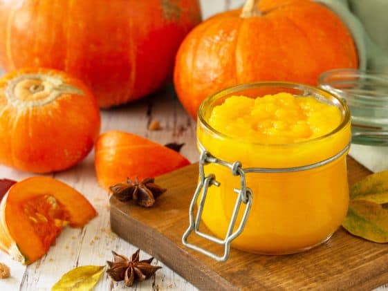 Pumpkin puree in a jar next to 3 small pumpkins.