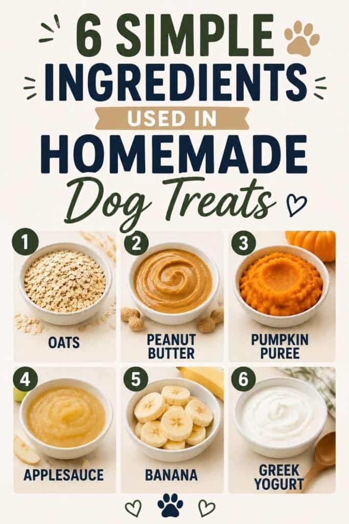 An infographic displaying six safe ingredients for homemade dog treats: oats, peanut butter, pumpkin puree, applesauce, banana, and Greek yogurt, each in separate bowls.