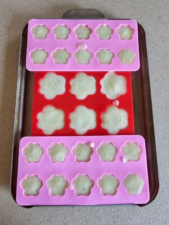 Paw shaped silicone molds filled and ready for the freezer.