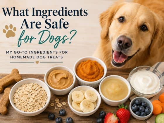 Healthy ingredients for homemade dog treats including oats, bananas, blueberries, and yogurt.