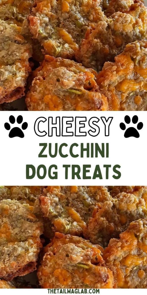Pinterest pin featuring close-up photos of homemade cheesy zucchini dog treats with the text "Cheesy Zucchini Dog Treats" and paw print graphics.