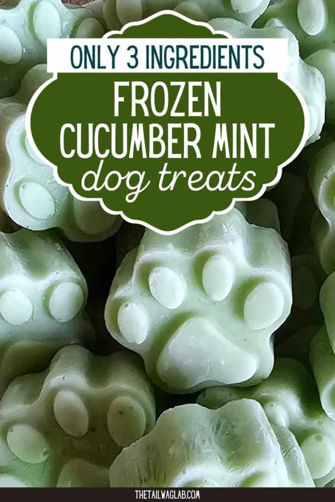 Close-up of homemade cucumber mint frozen dog treats shaped like paws with text reading, "Only 3 Ingredients: Frozen Cucumber Mint Dog Treats."