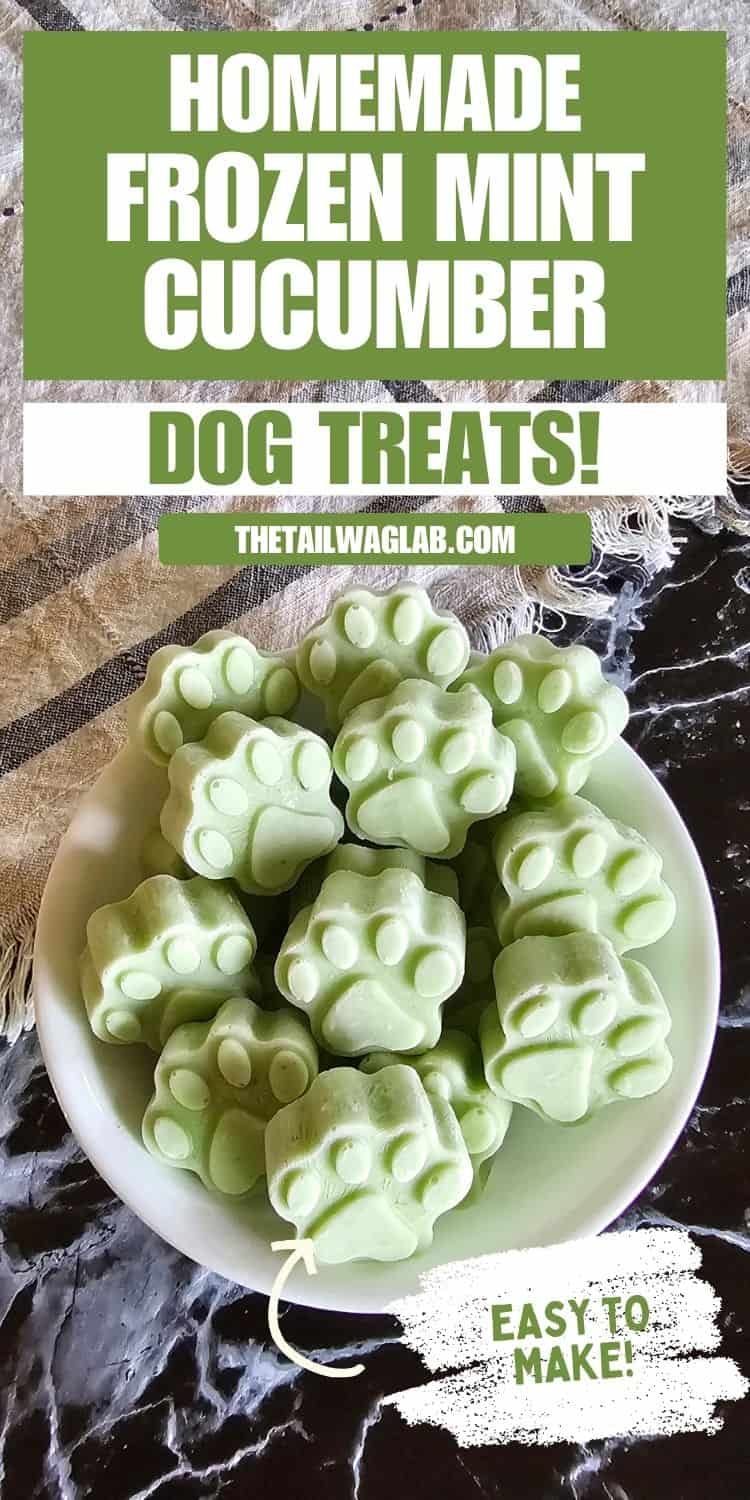 White bowl filled with homemade frozen cucumber mint dog treats shaped like paw prints. Text on the image reads, "Homemade Frozen Mint Cucumber Dog Treats! Easy to Make!"